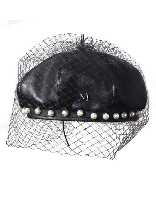 Leather Beret Pearl Lace Cascade Hat